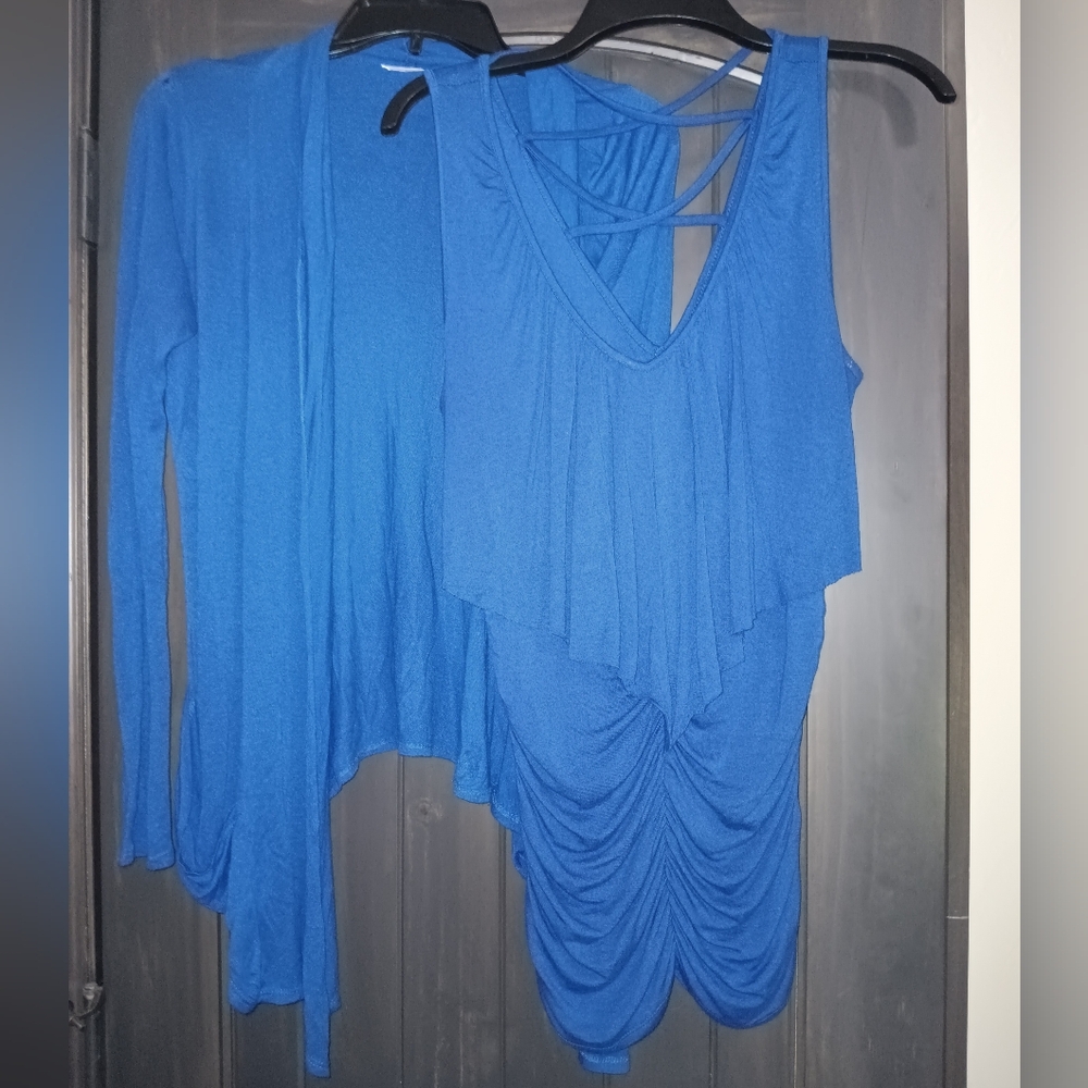 Blue Sleeveless Tank and Cardigan Set